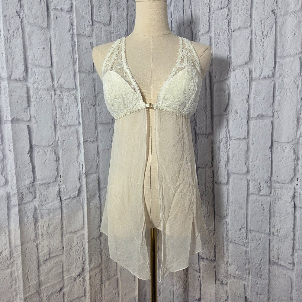 Victoria's Secret Large White Lace Trim 100% Silk Chiffon Babydoll Chemise Gown